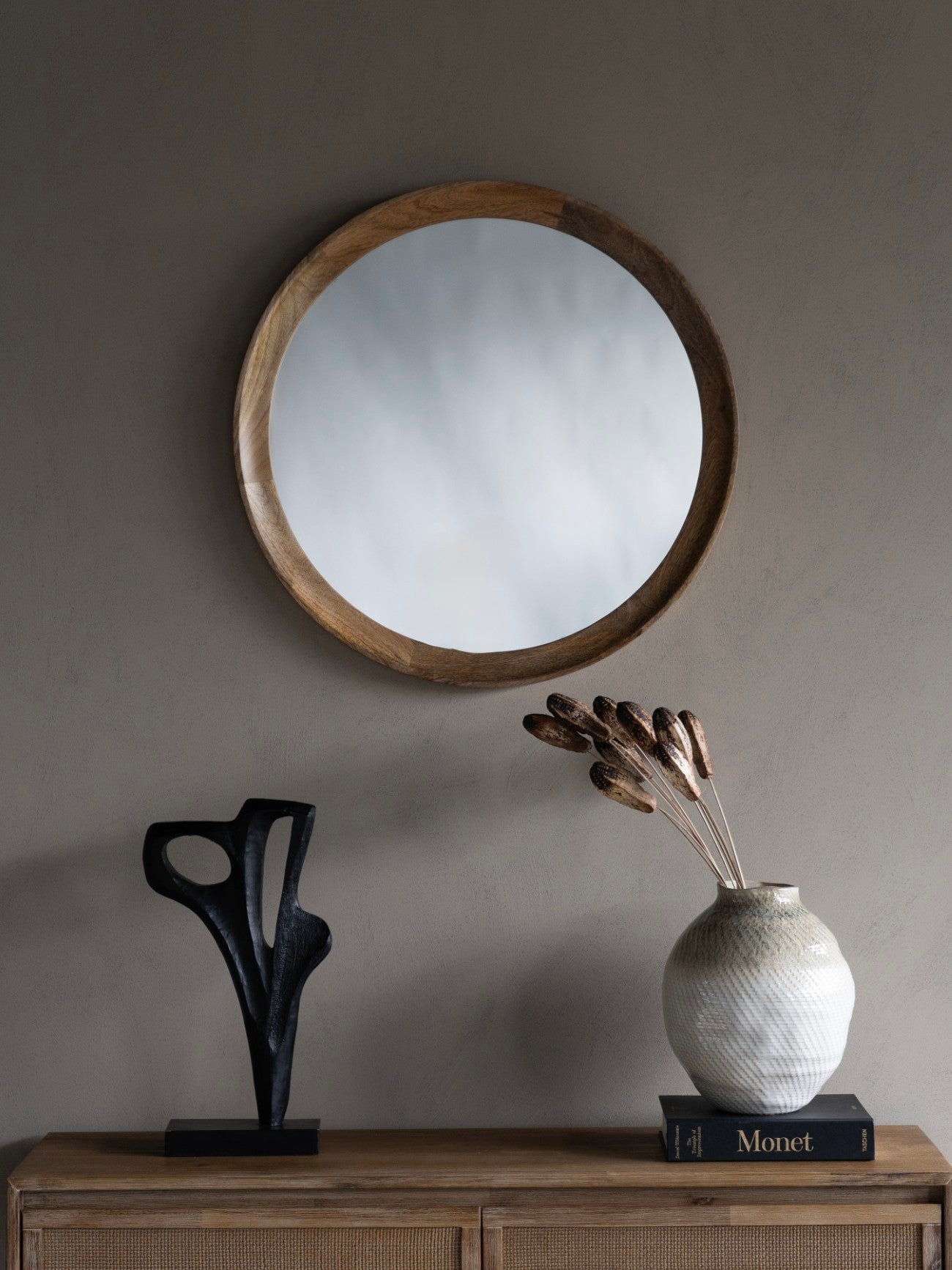 Leon Natural Oak Wood Round Wall Mirror 70cm